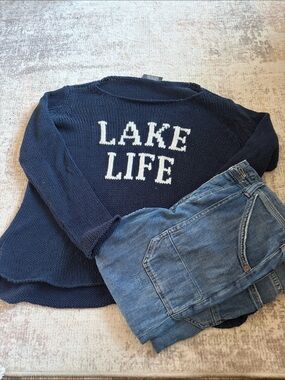 Wooden Ships Navy Knit 'LAKE LIFE' Crewneck Sweater with White Lettering